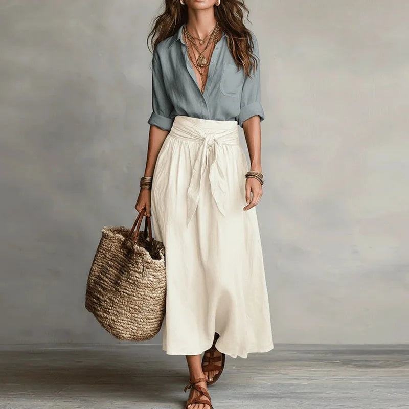 Women's Linen Two-Piece Set Button-Up Wrap Skirt