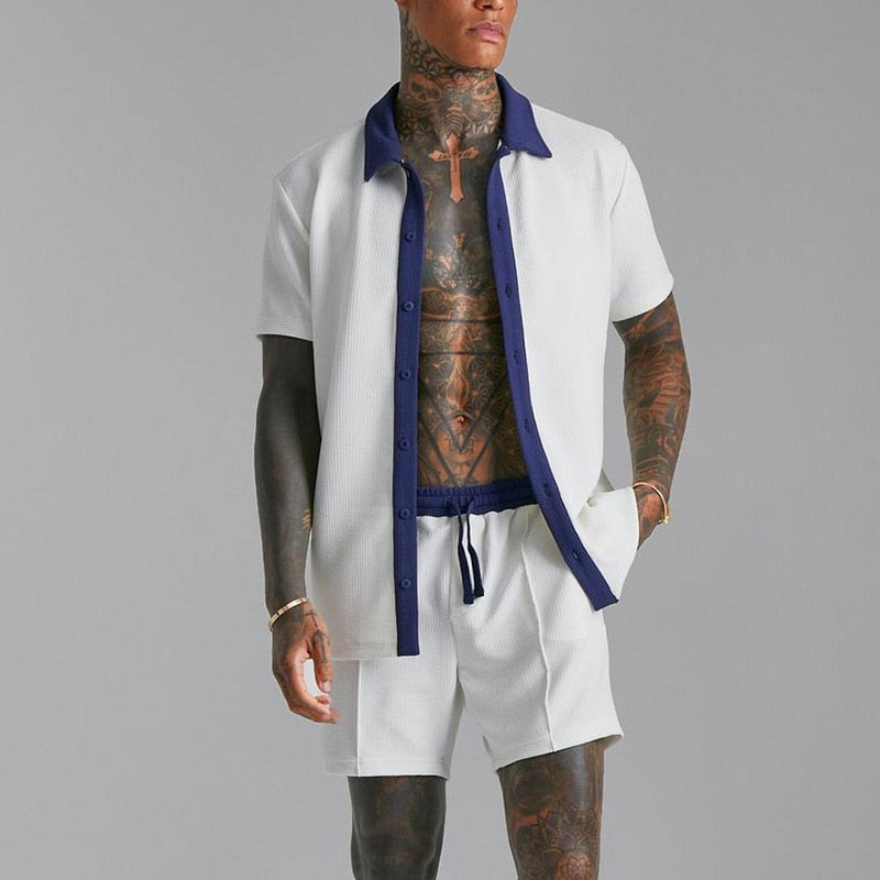 Men’s Two-Piece Summer Short Set – Short Sleeve Button-Through Shirt and Relaxed Drawstring Shorts