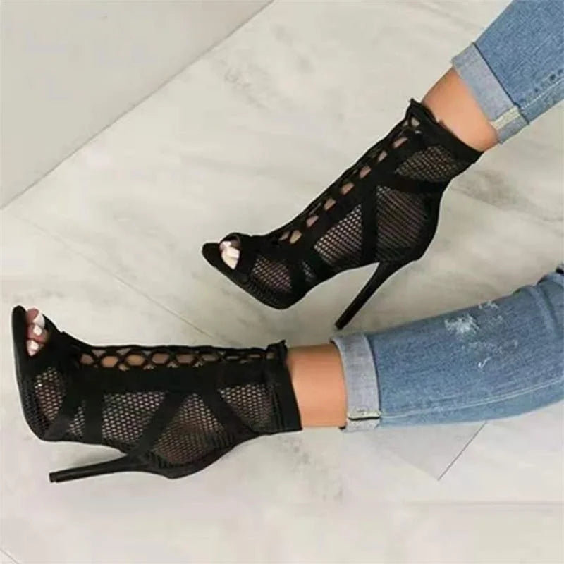 Women’s Lace-Up Heeled Sandals with Open-Toe Design and Mesh Panels