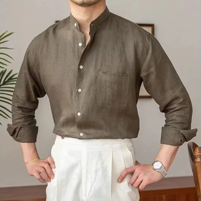 Men's Linen Stand Collar Shirt - Long Sleeve - Button Front