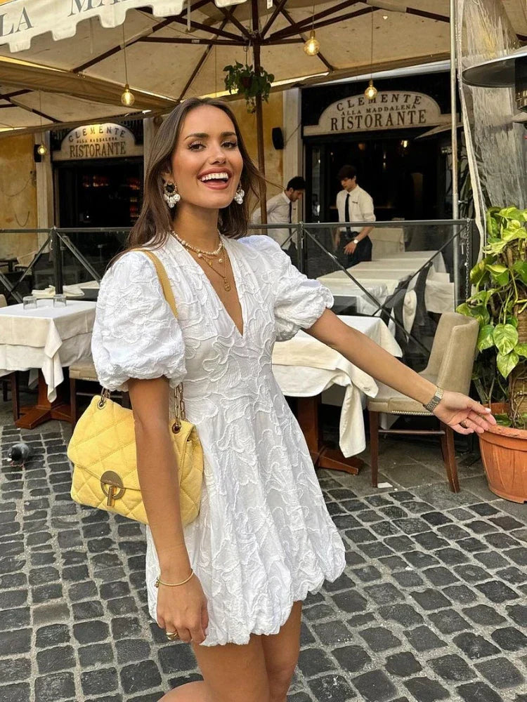 Women’s Embroidered Ruffle Mini Dress – V-Neck Puff Sleeve Silhouette
