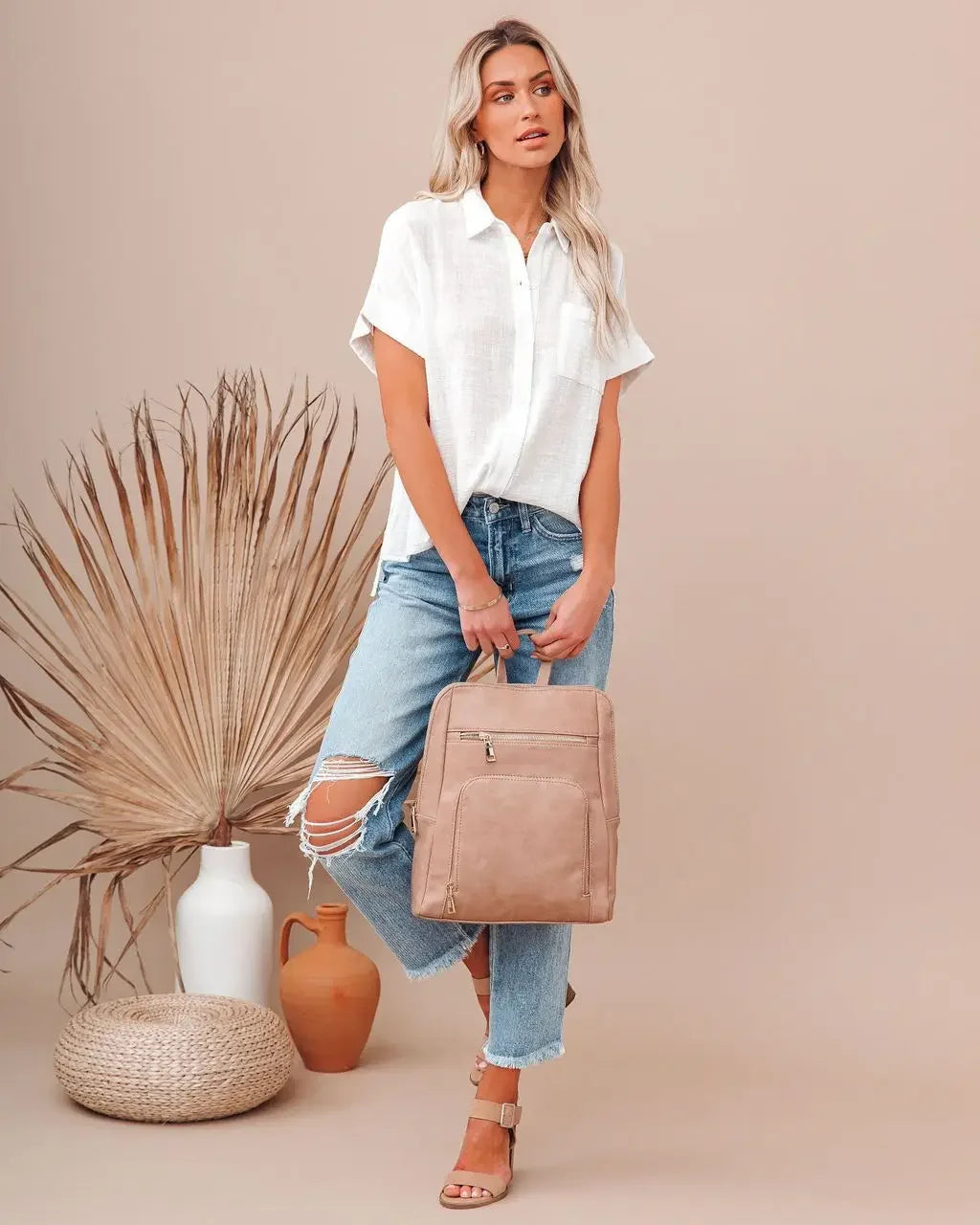 Chemise à boutons à manches courtes en mélange de lin pour femmes
