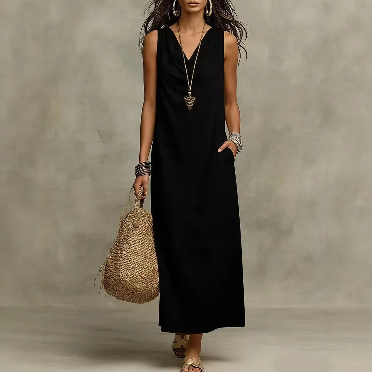 Women's Maxi Dress Linen Sleeveless V-Neck