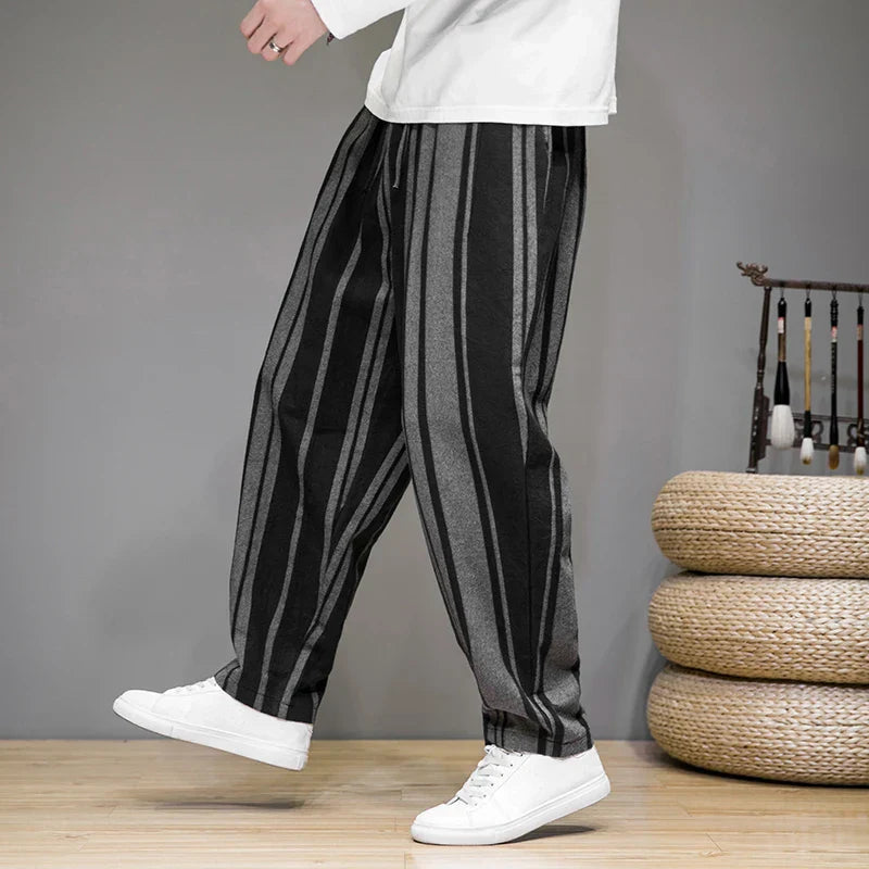 Men's Striped Cropped Trousers - Relaxed Fit Drawstring Pants