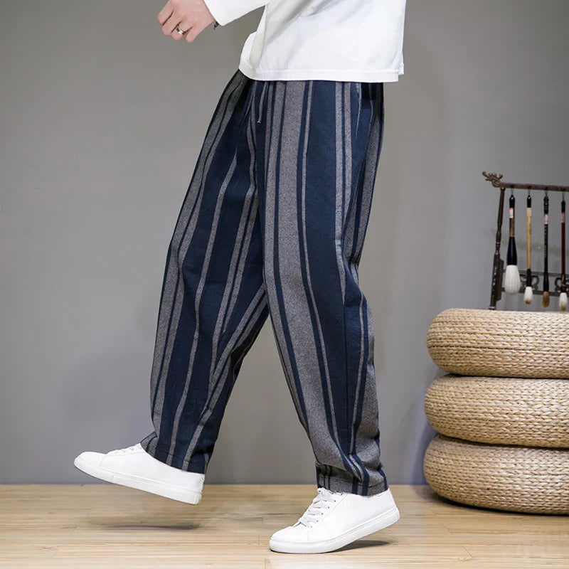 Men's Striped Cropped Trousers - Relaxed Fit Drawstring Pants