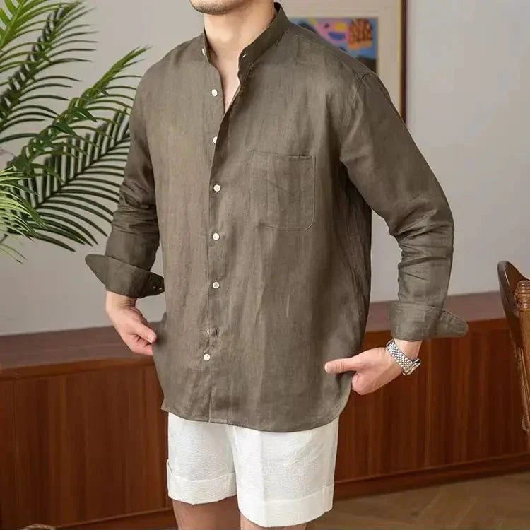 Men's Linen Stand Collar Shirt - Long Sleeve - Button Front