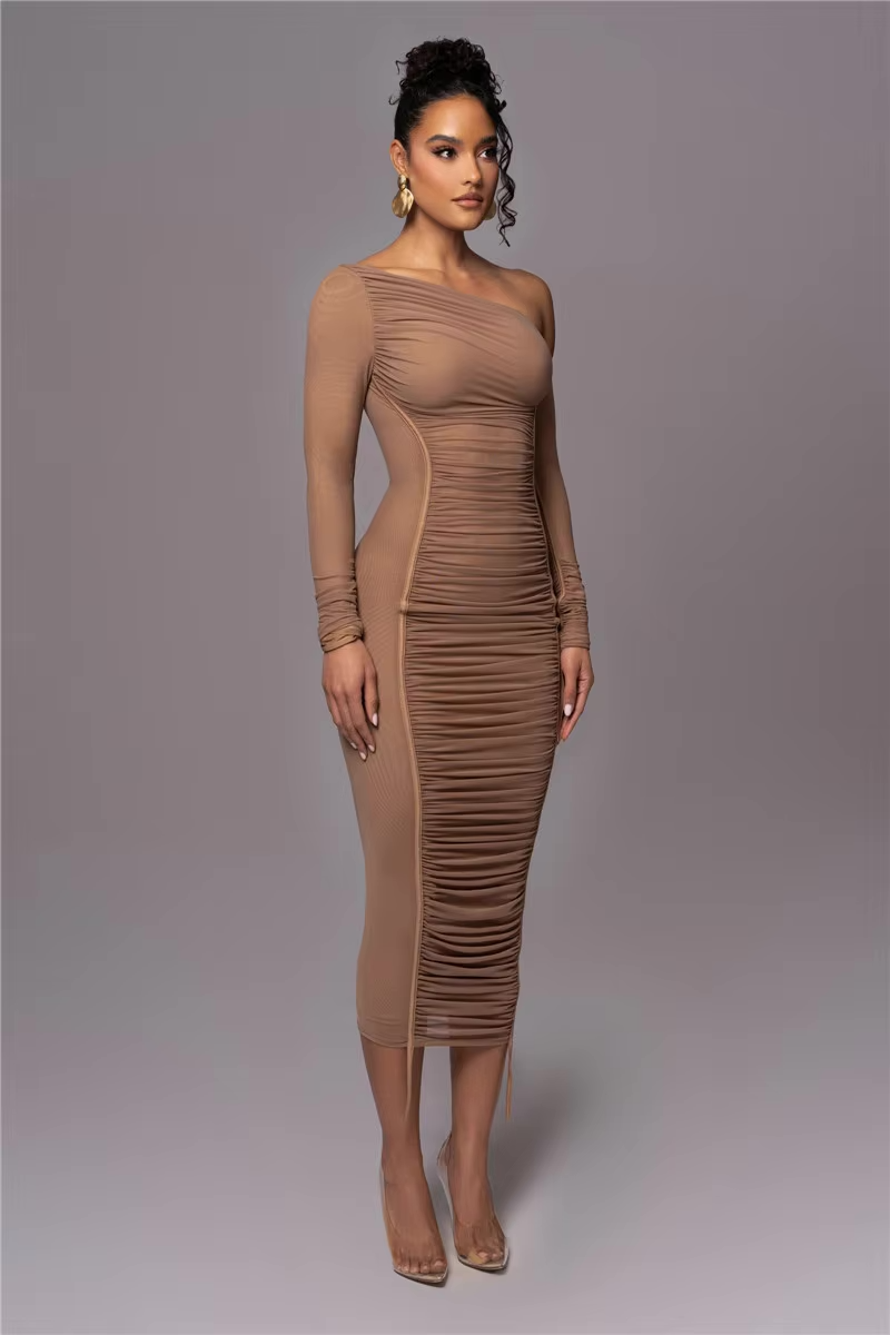 Women’s One-Shoulder Midi Dress with Long Sleeve and Ruched Detailing – Evening Dress