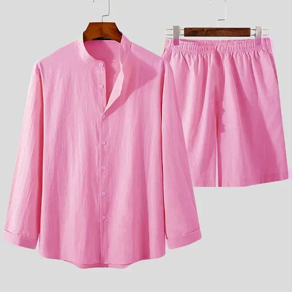 Men's Linen Two Piece Set Long Sleeve Button Front Shirt Shorts