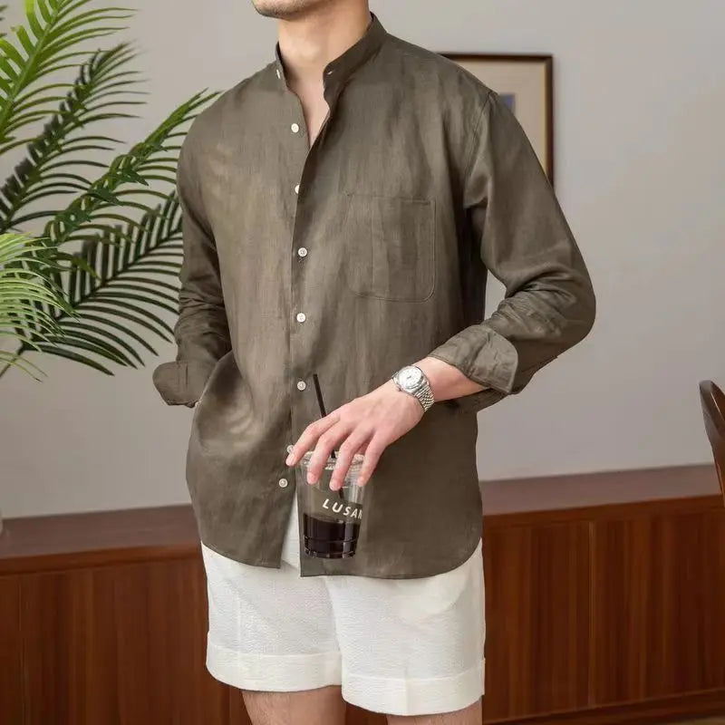 Men's Linen Stand Collar Shirt - Long Sleeve - Button Front
