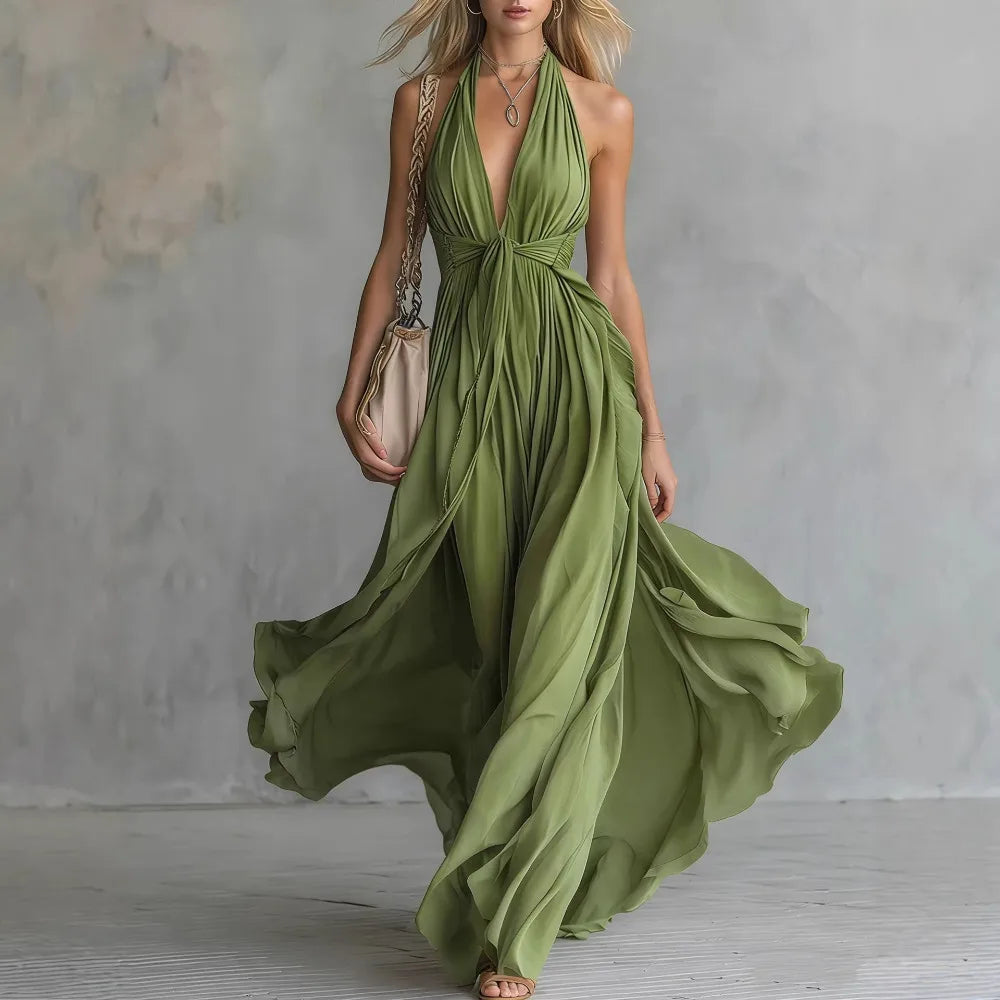 Women's Maxi Dress Halter Deep V-Neck Flowing Waist Tie