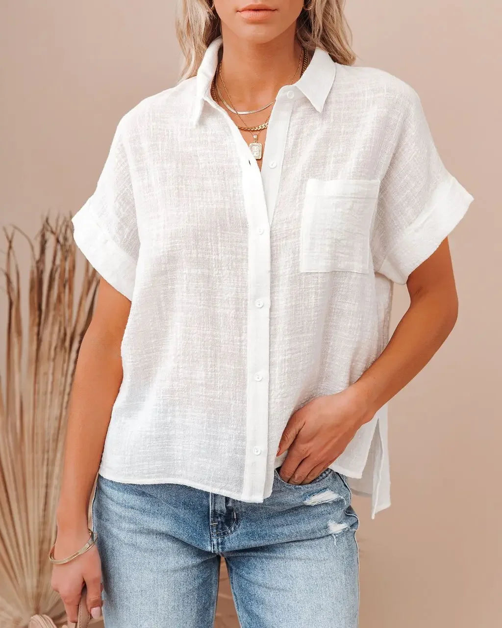 Chemise à boutons à manches courtes en mélange de lin pour femmes