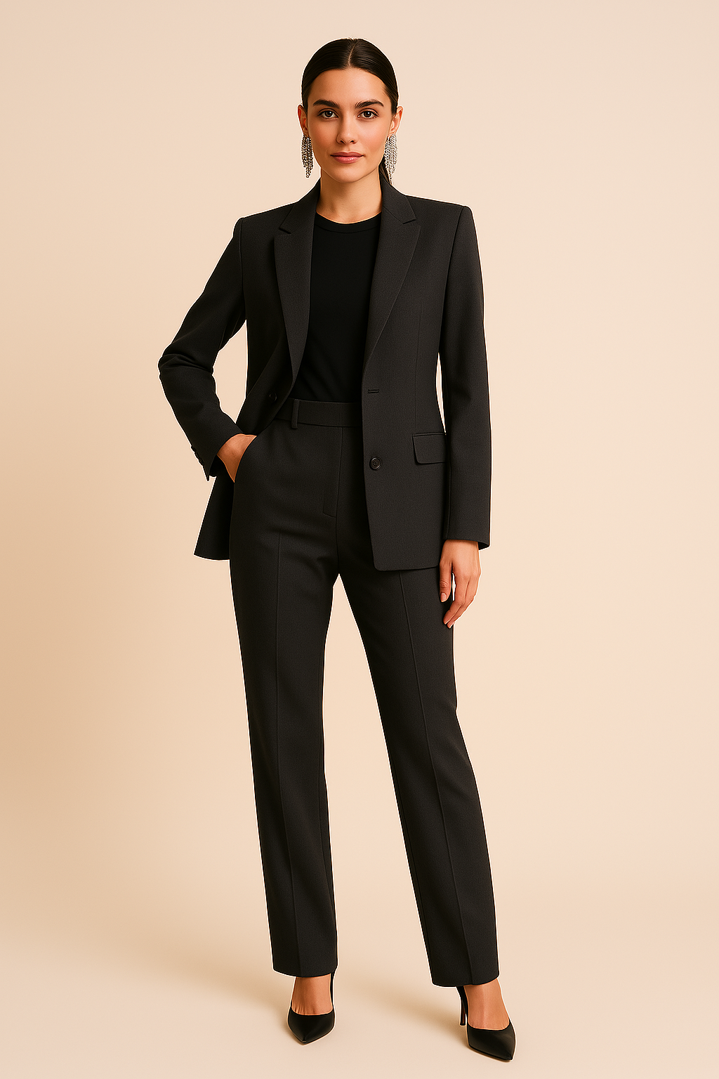 Women’s Two-Piece Tailored Suit with Button-Front Blazer and Straight-Cut Trousers
