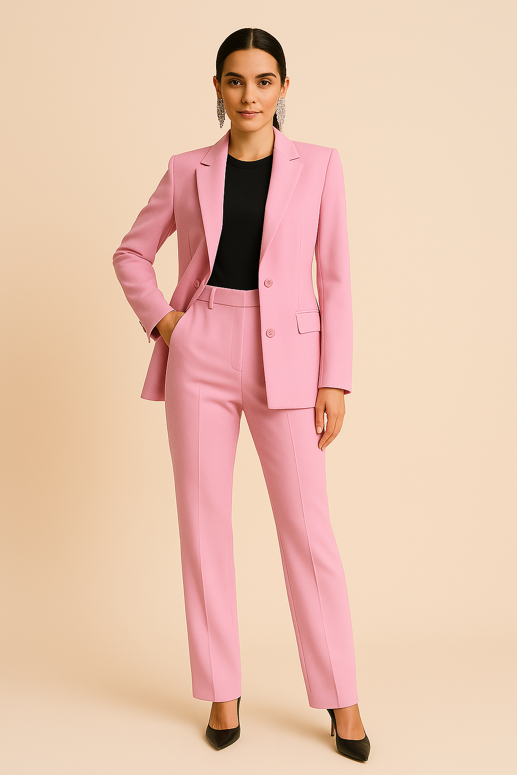 Women’s Two-Piece Tailored Suit with Button-Front Blazer and Straight-Cut Trousers