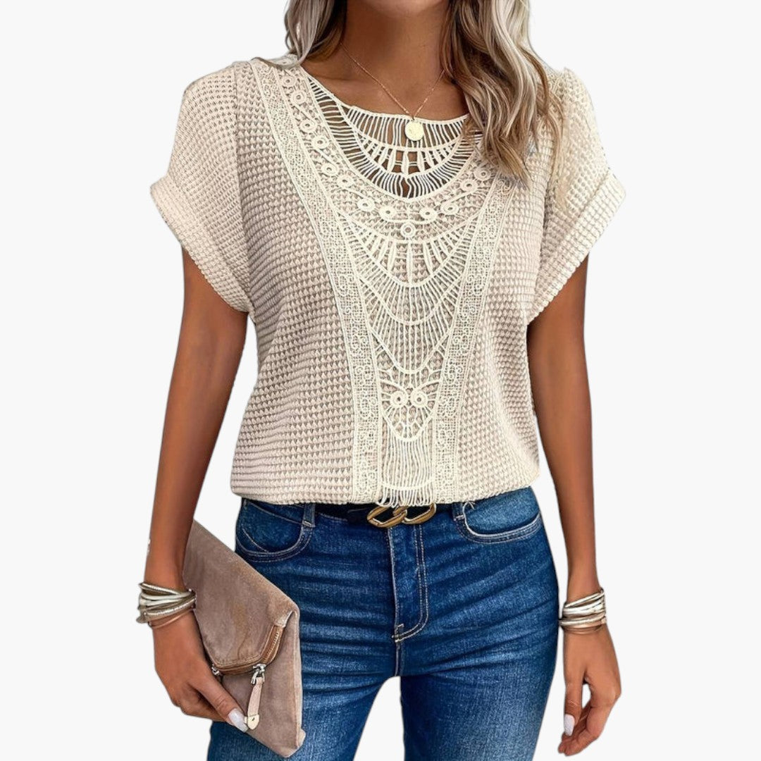 Women’s Round Neck T-Shirt with Elegant Lace Panel Detail