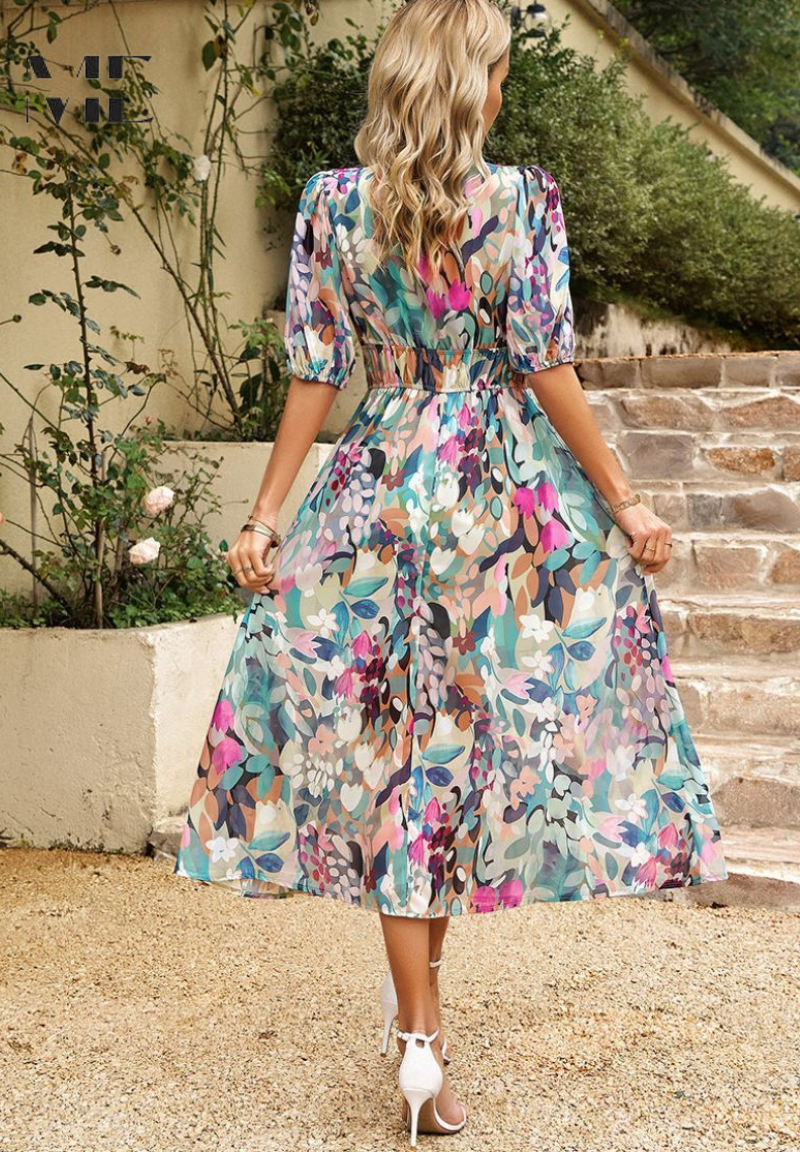 Women’s Floral Print Midi Dress with V-Neck and Short Puff Sleeves