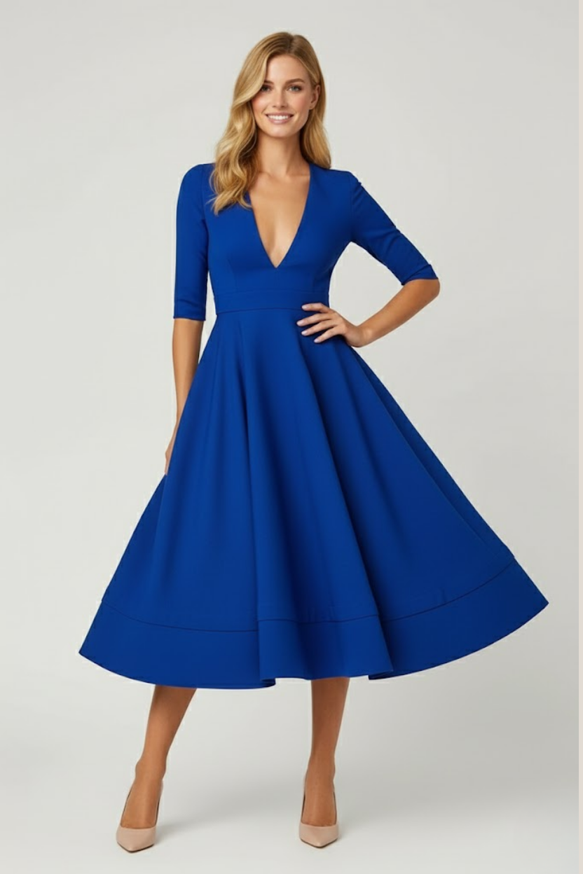 Women’s Flared Midi Dress – V-Neck Three-Quarter Sleeve Elegant Silhouette