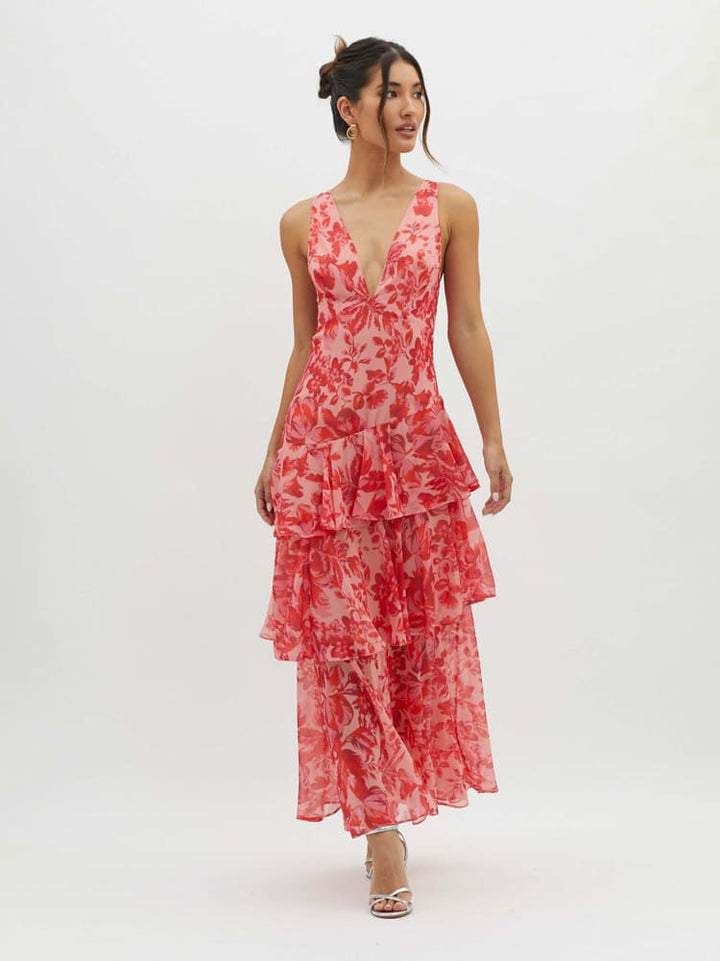 Women’s Sleeveless V-Neck Maxi Dress with Tiered Ruffle Skirt and Printed Pattern