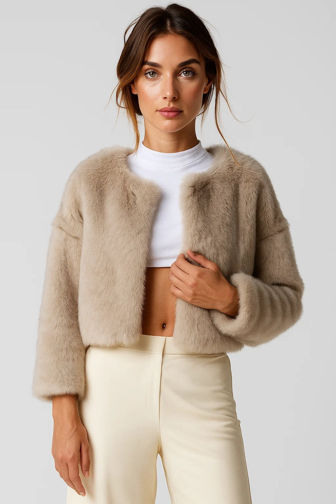 Women’s Short Faux Fur Jacket – Cropped Elegant Layer for Evening and Casual Wear