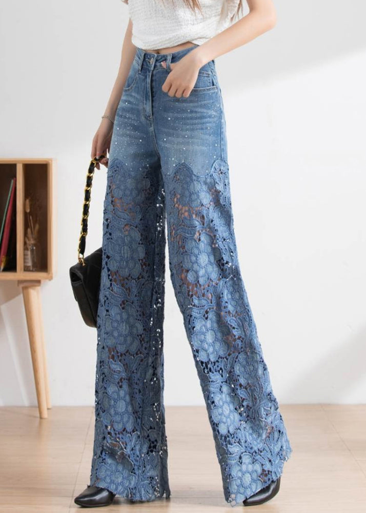 Women’s High Waist Jeans - Lace Patchwork Wide Leg Pants