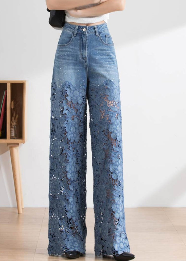 Women’s High Waist Jeans - Lace Patchwork Wide Leg Pants