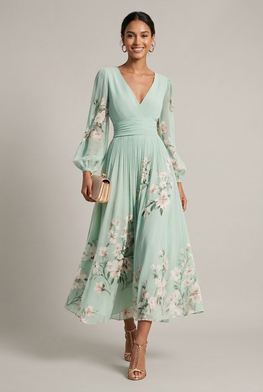 Robe maxi à manches évêque avec imprimé floral en bordure et décolleté en V pour femmes