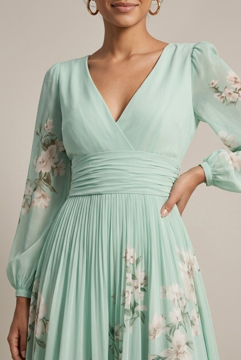 Robe maxi à manches évêque avec imprimé floral en bordure et décolleté en V pour femmes