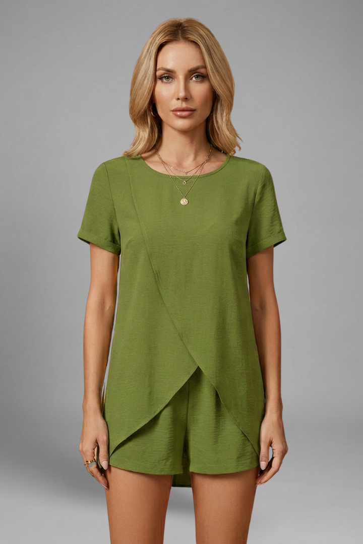 Women's Two Piece Set - Short Sleeve Crossover Top - Shorts