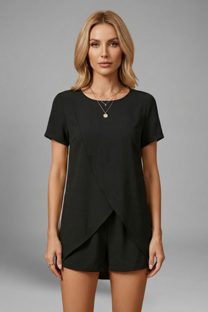 Women's Two Piece Set - Short Sleeve Crossover Top - Shorts