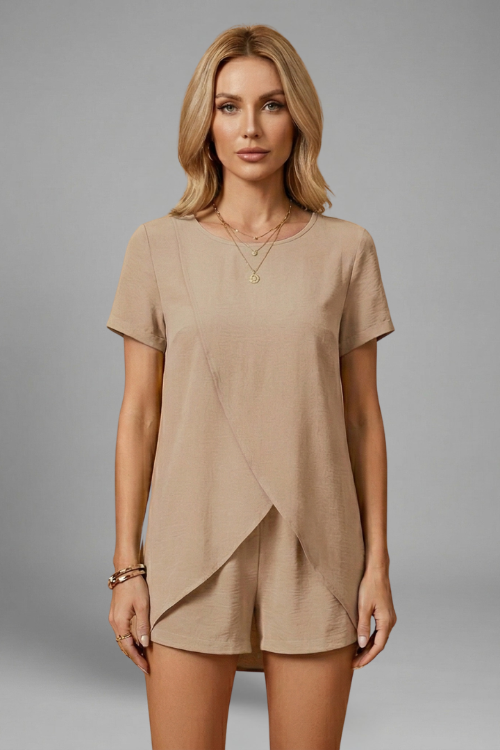 Women's Two Piece Set - Short Sleeve Crossover Top - Shorts