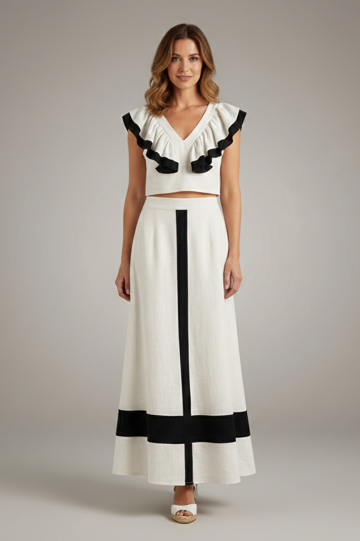 Women's Two Piece Set V-Neck Ruffle Top - Midi Skirt Black Trim