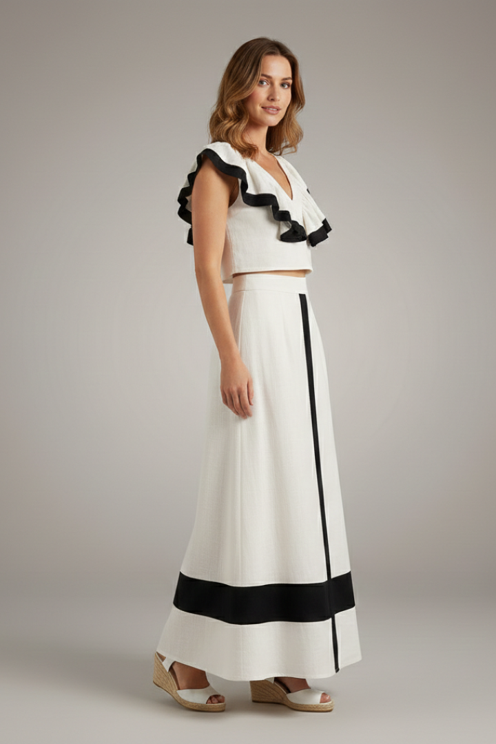 Women's Two Piece Set V-Neck Ruffle Top - Midi Skirt Black Trim