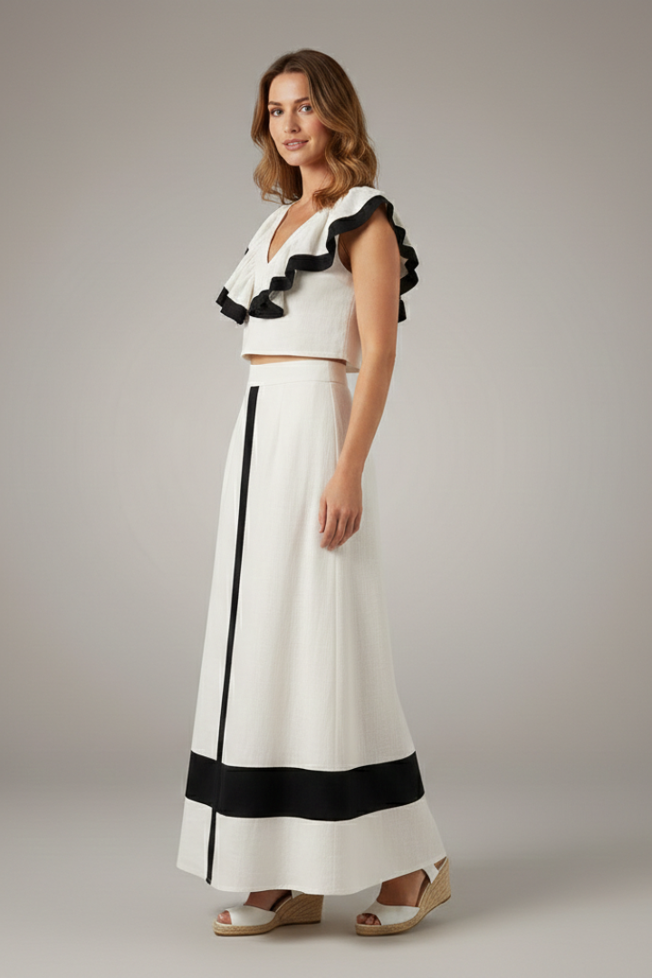Women's Two Piece Set V-Neck Ruffle Top - Midi Skirt Black Trim