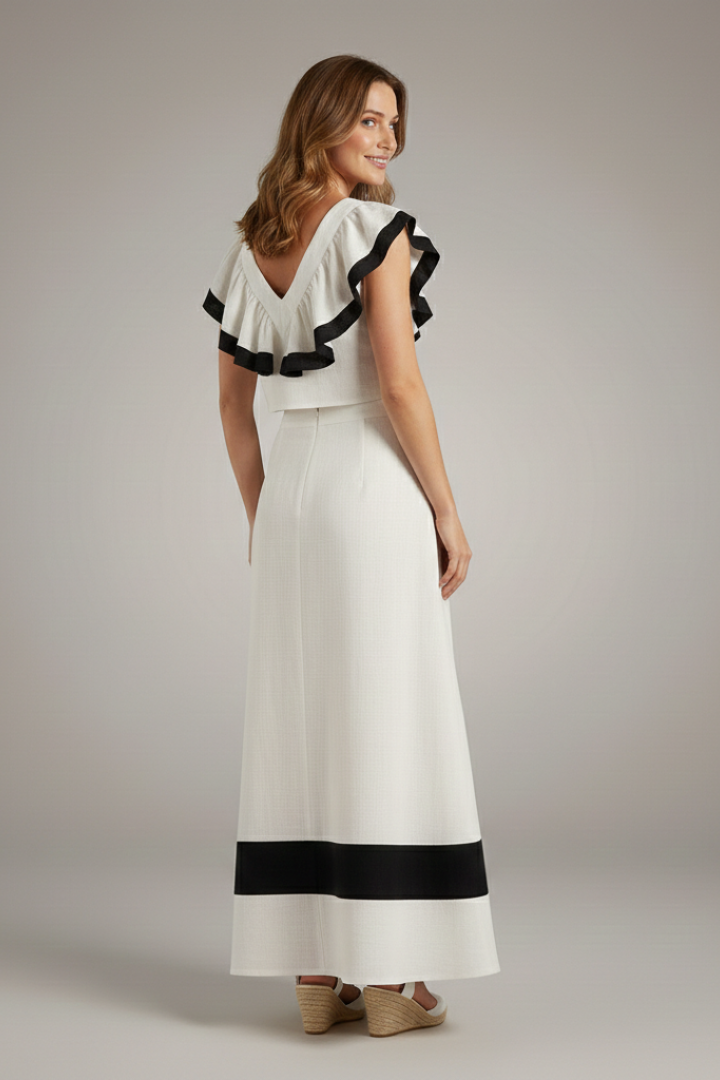 Women's Two Piece Set V-Neck Ruffle Top - Midi Skirt Black Trim