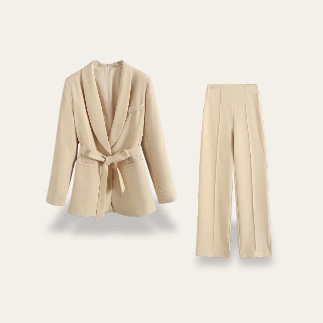 Women’s Tailored Two-Piece Suit – Belted Blazer and Wide-Leg Pants for Effortless Sophistication