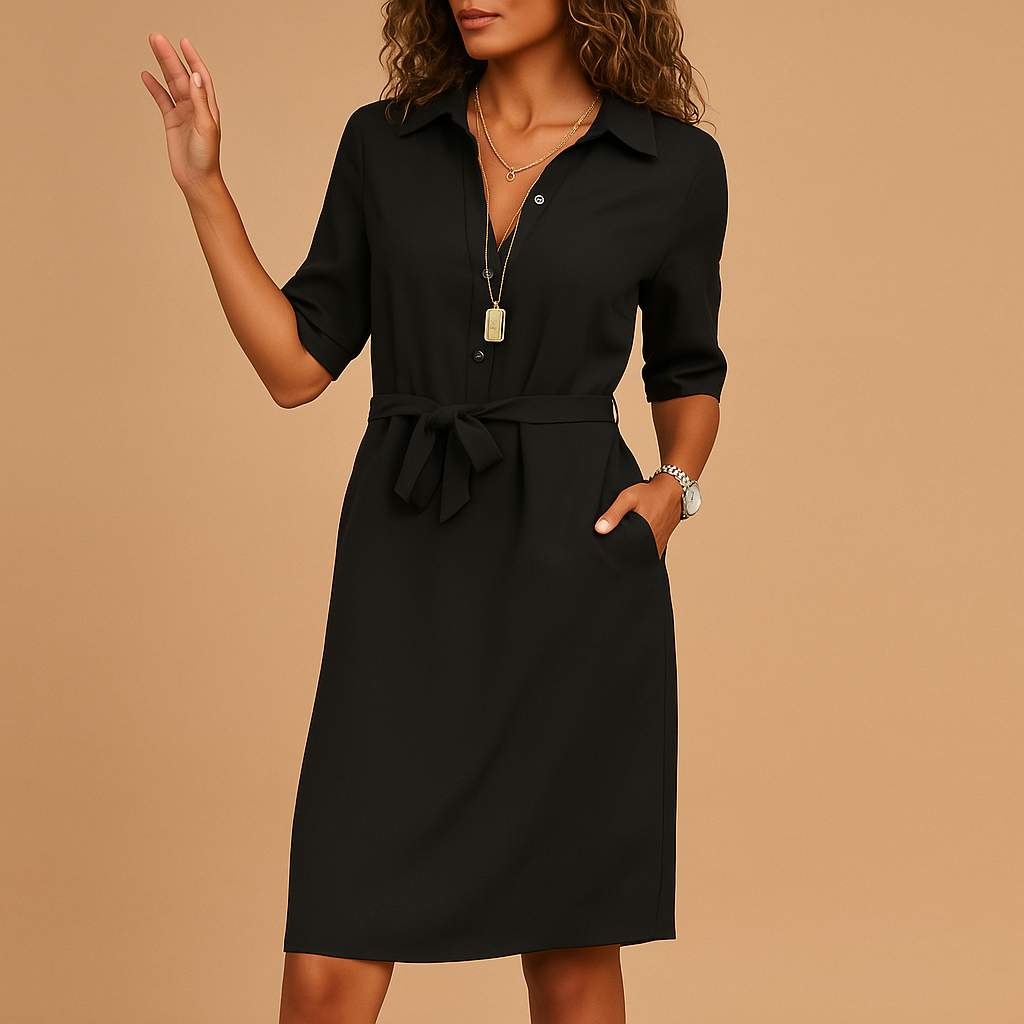 Women’s Midi Shirt Dress with Button Front and Tie Waist