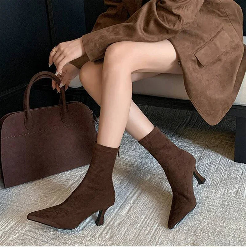 Women’s Pointed-Toe Ankle Boots with Sock-Style Shaft and Sculpted Heel