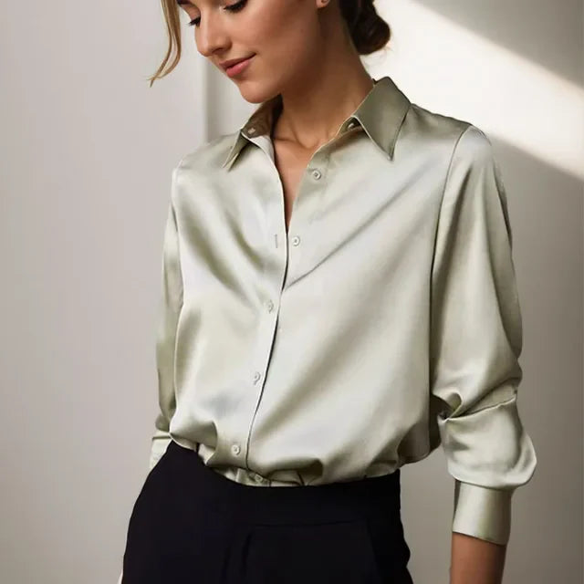 Women’s Long Sleeve Satin Blouse with Button Front and Classic Collar