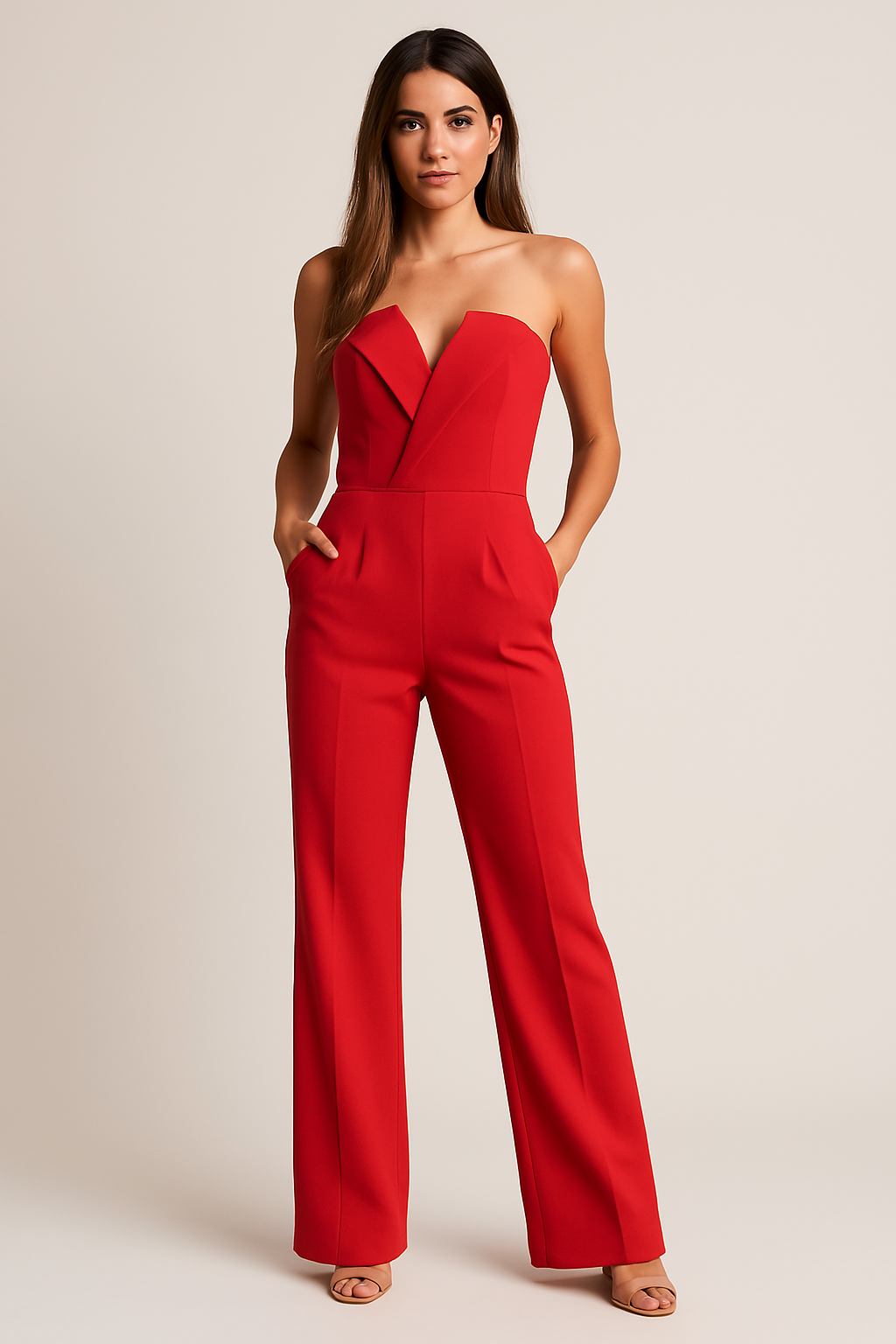 Women’s Sleeveless Jumpsuit with V-Neck Bodice and Wide-Leg Pants