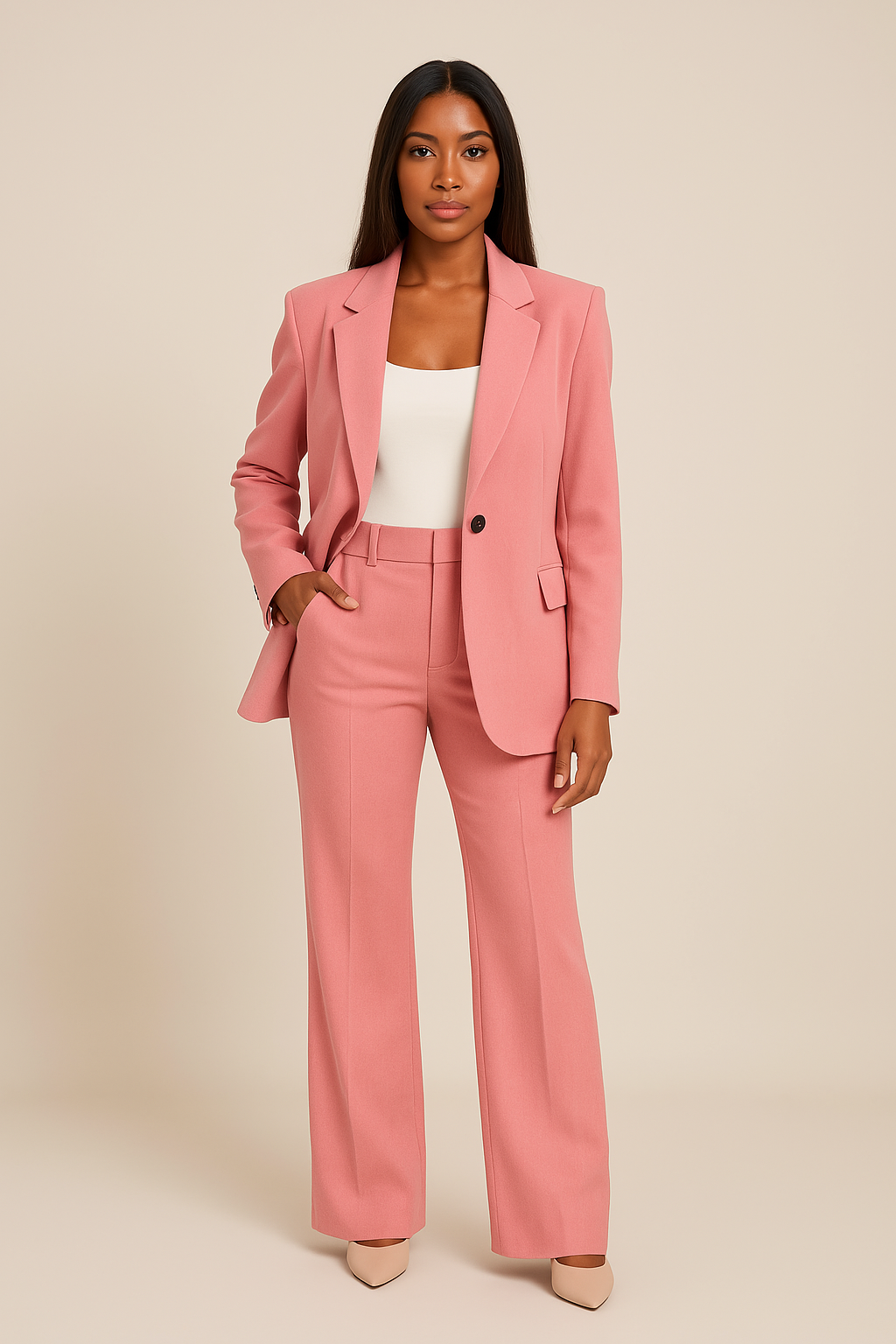 Women’s Tailored Two-Piece Pants Suit with Single-Button Blazer and Straight-Leg Trousers