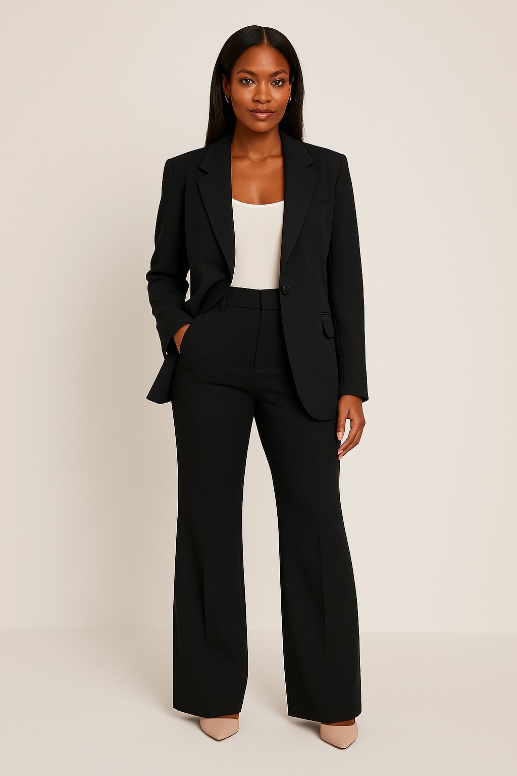 Women’s Tailored Two-Piece Pants Suit with Single-Button Blazer and Straight-Leg Trousers