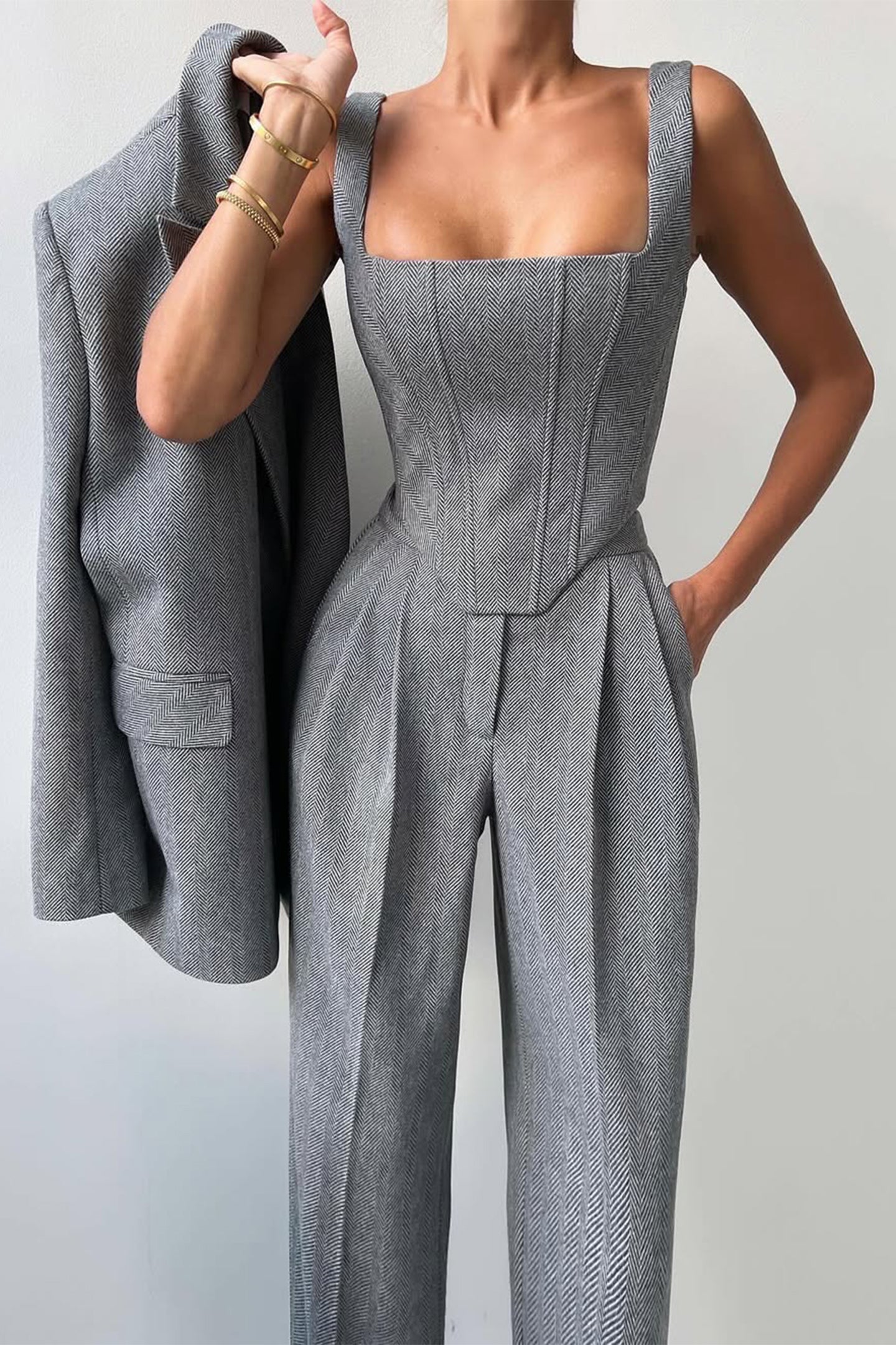 Women’s Three-Piece Suit Set with Blazer, Corset-Style Top, and Wide-Leg Trousers