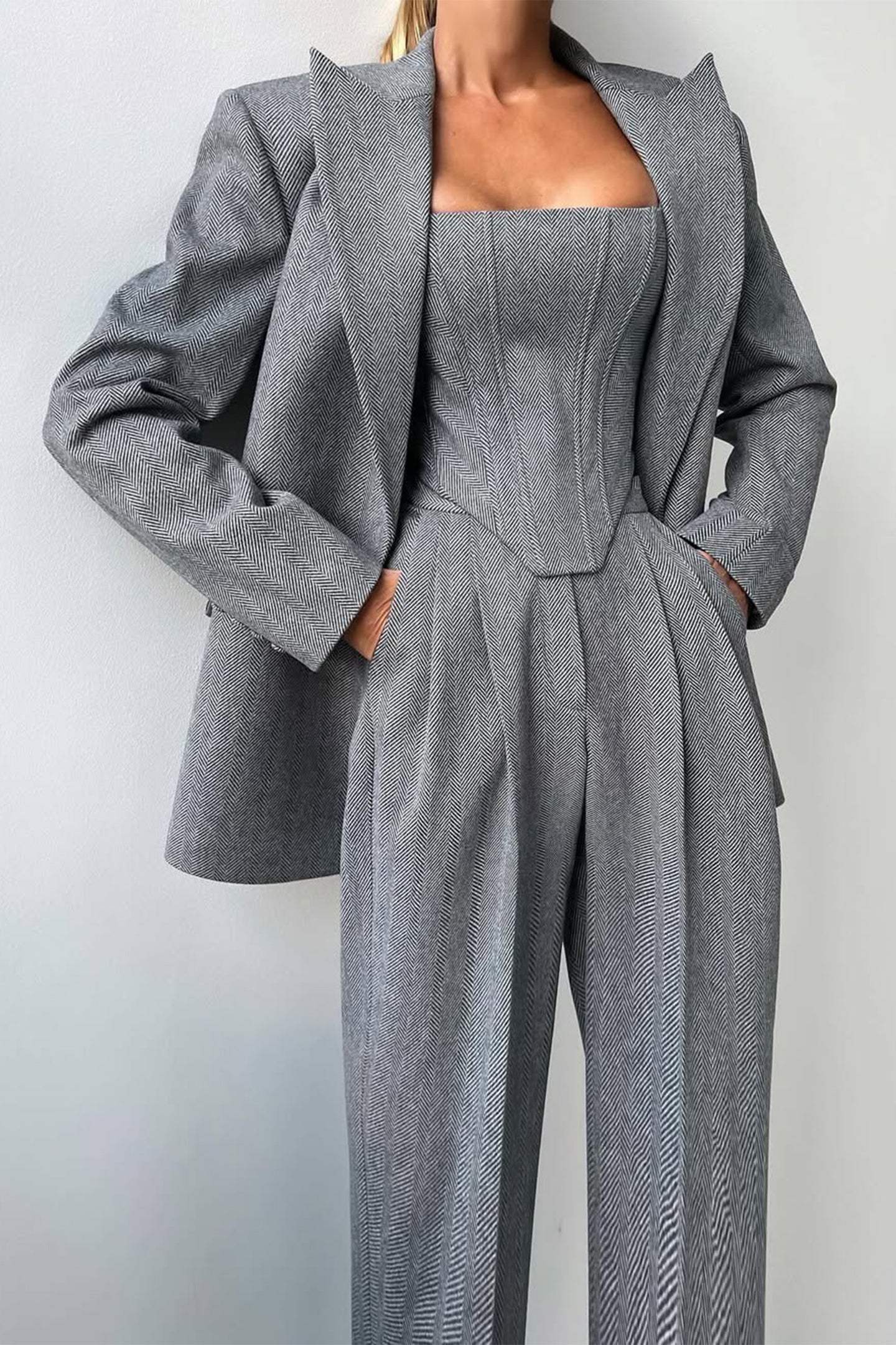 Women’s Three-Piece Suit Set with Blazer, Corset-Style Top, and Wide-Leg Trousers