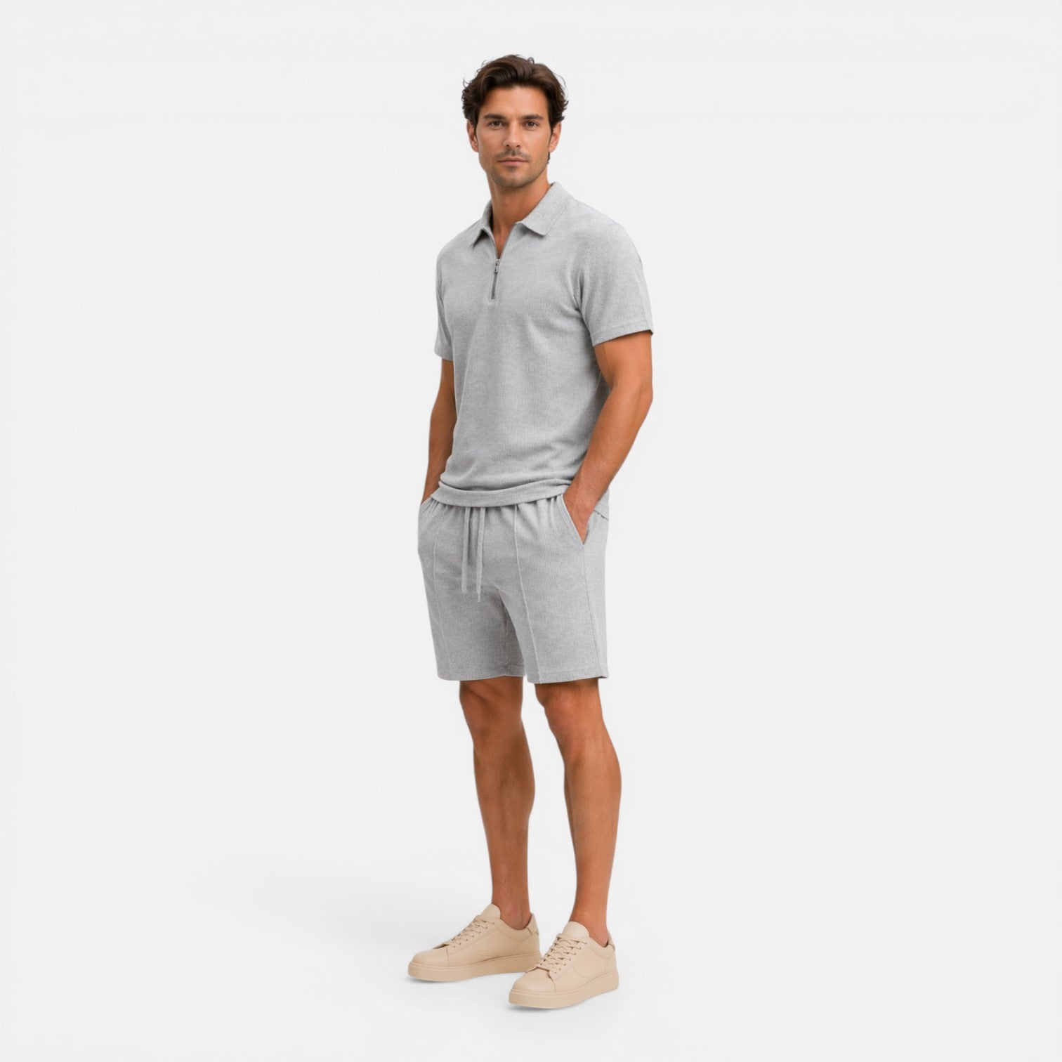Men's Textured Zip Polo - Drawstring Shorts Two Piece Set
