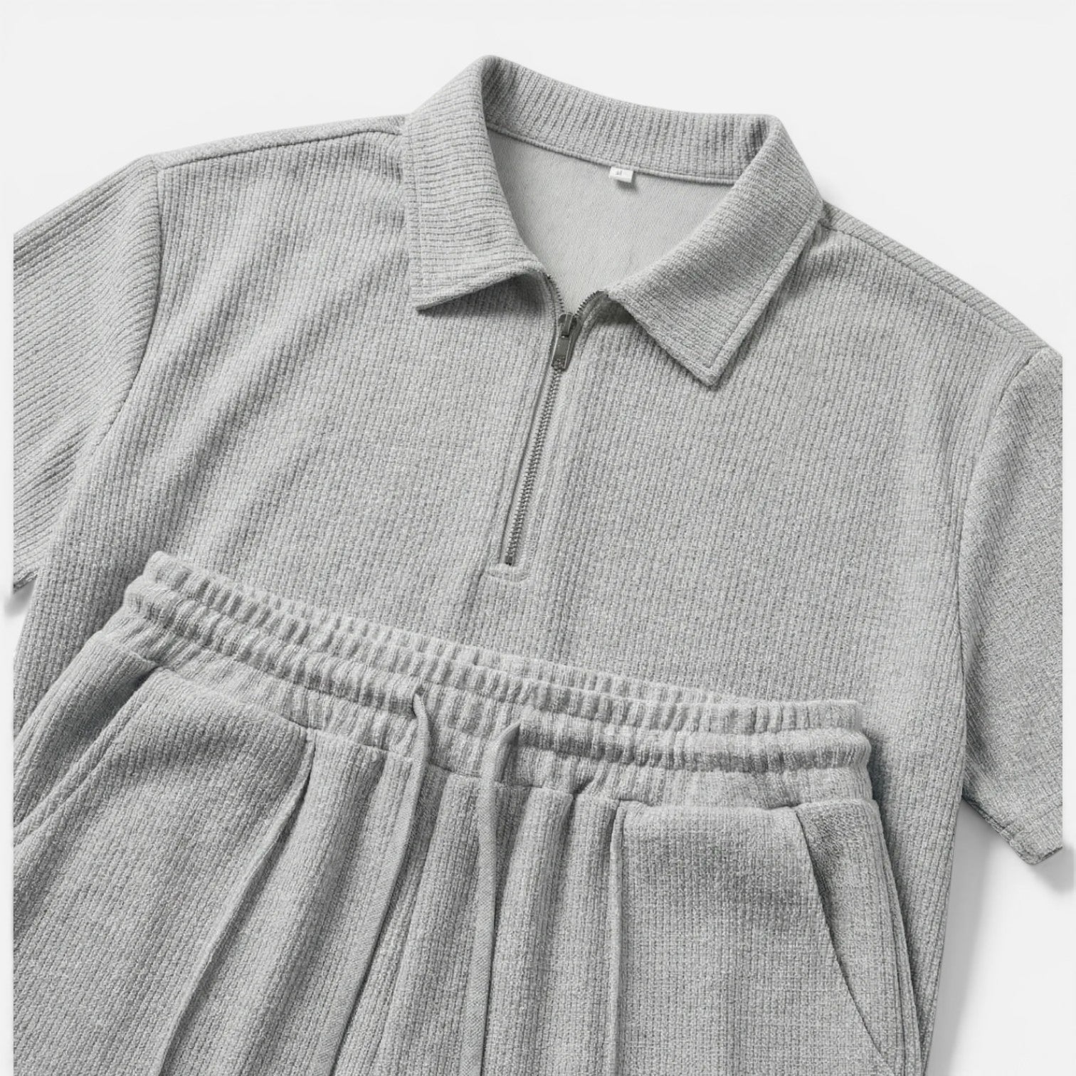 Men's Textured Zip Polo - Drawstring Shorts Two Piece Set
