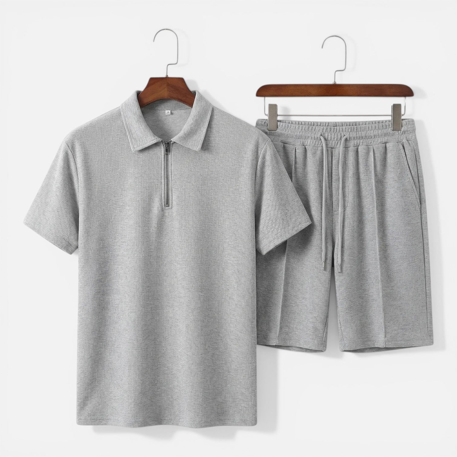 Men's Textured Zip Polo - Drawstring Shorts Two Piece Set