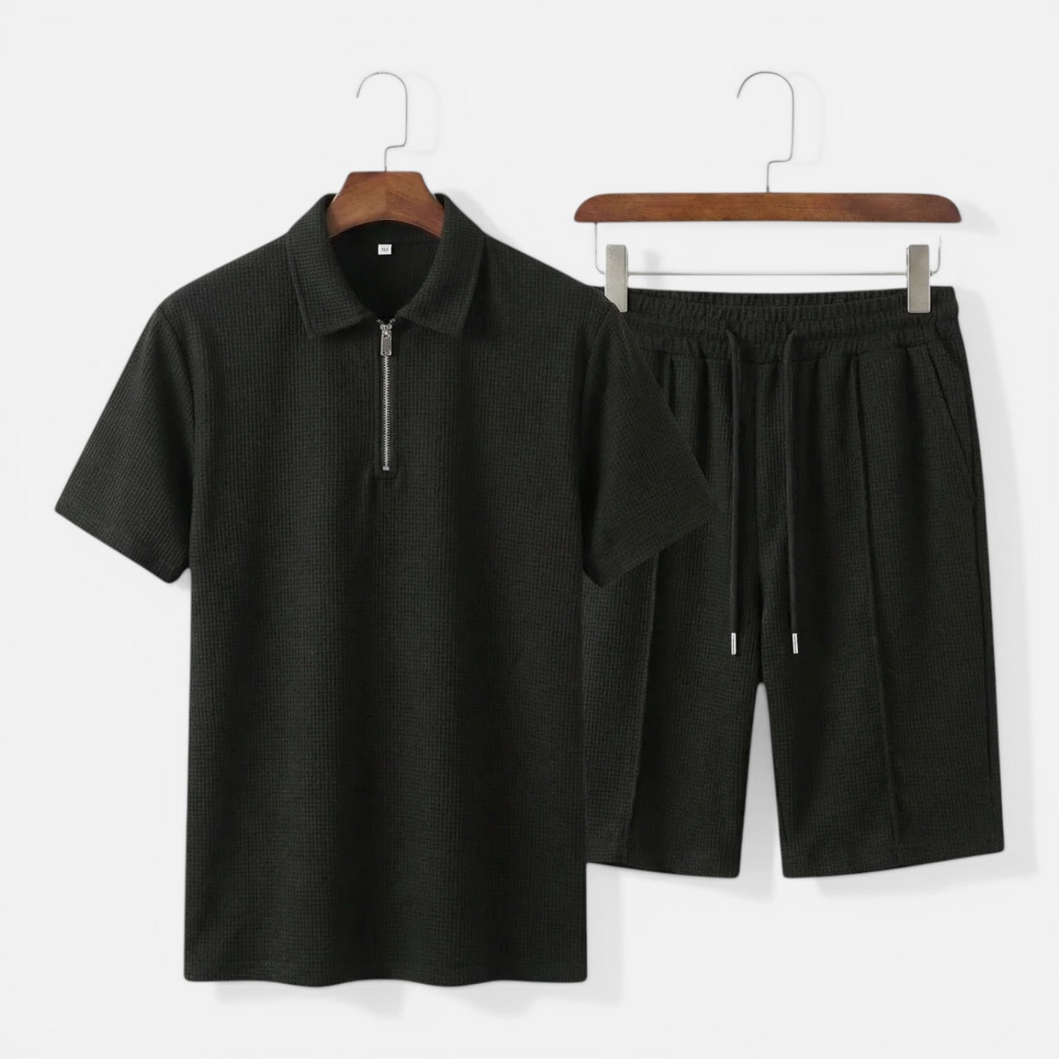 Men's Textured Zip Polo - Drawstring Shorts Two Piece Set