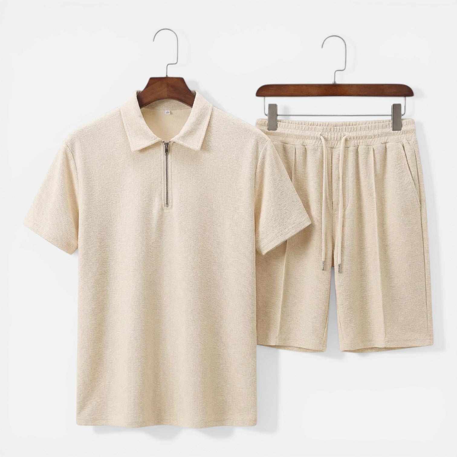 Men's Textured Zip Polo - Drawstring Shorts Two Piece Set