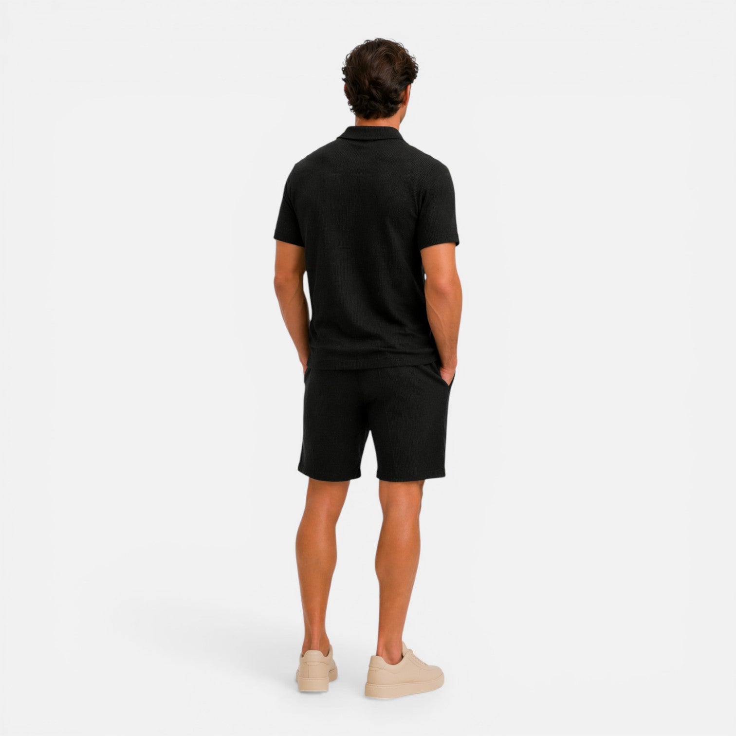 Men's Textured Zip Polo - Drawstring Shorts Two Piece Set