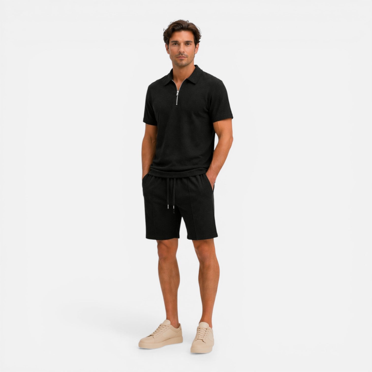 Men's Textured Zip Polo - Drawstring Shorts Two Piece Set