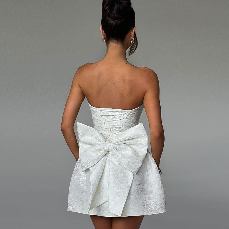 Women's Mini Dress Strapless Bow Detail Jacquard A-Line